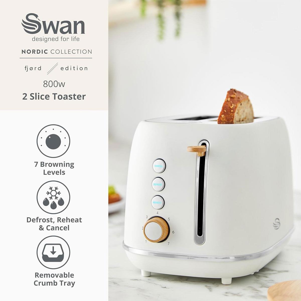 Swan Fjord 2 Slice Toaster 800W White Metal with Wooden Accents 7 Browning Levels Defrost Reheat Cancel Functions - Image 3