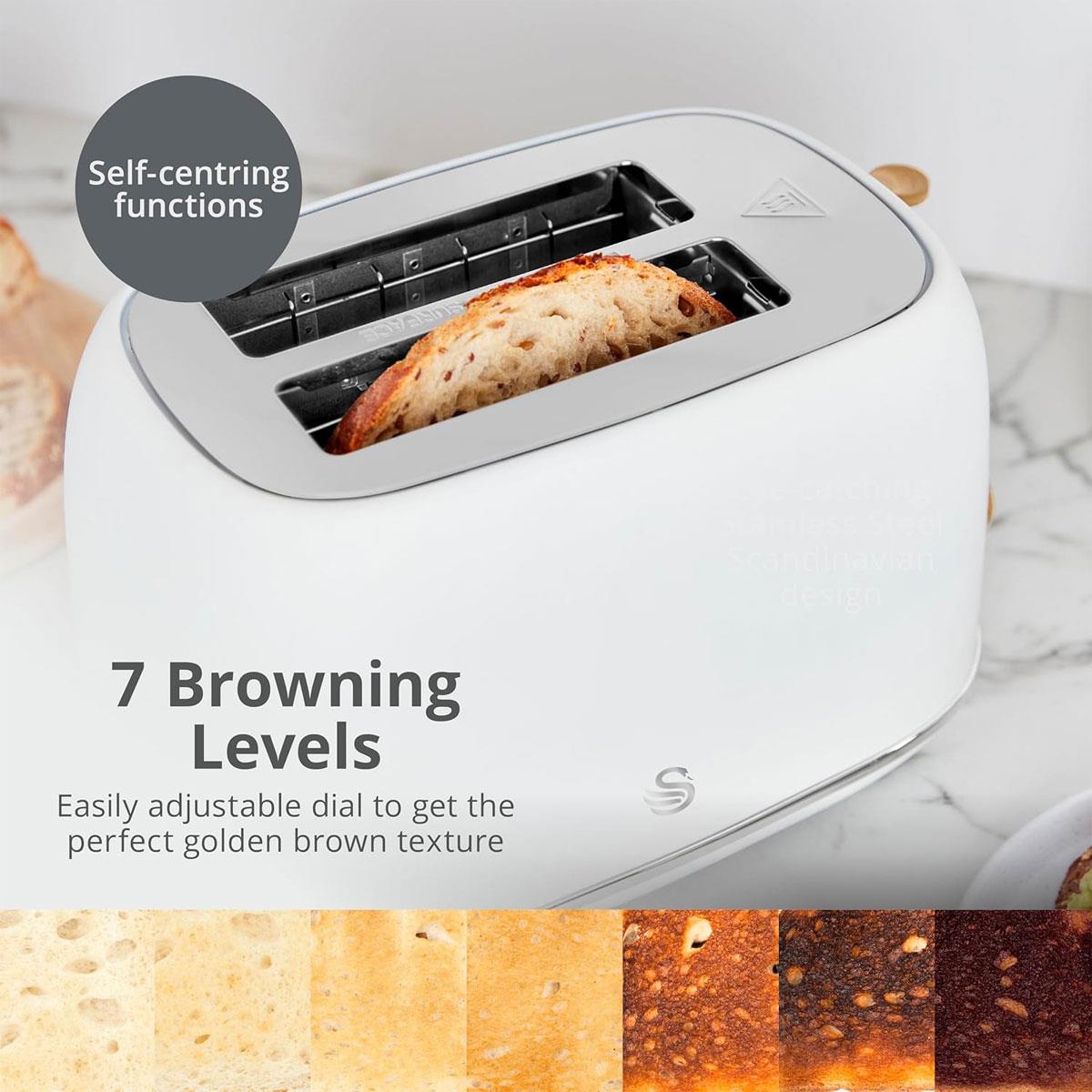 Swan Fjord 2 Slice Toaster 800W White Metal with Wooden Accents 7 Browning Levels Defrost Reheat Cancel Functions - Image 4