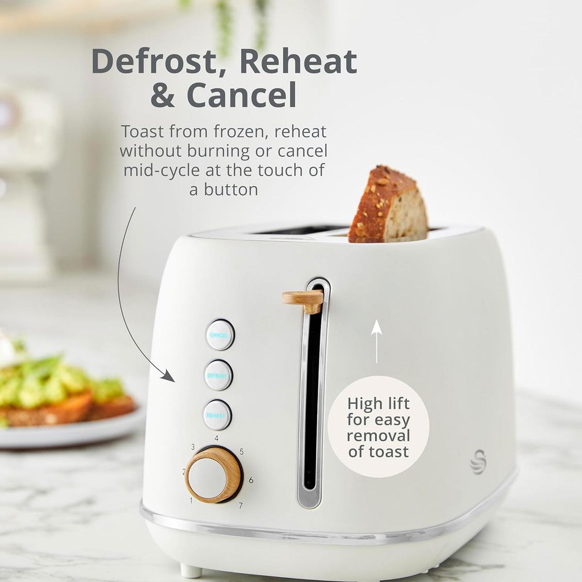 Swan Fjord 2 Slice Toaster 800W White Metal with Wooden Accents 7 Browning Levels Defrost Reheat Cancel Functions - Image 5
