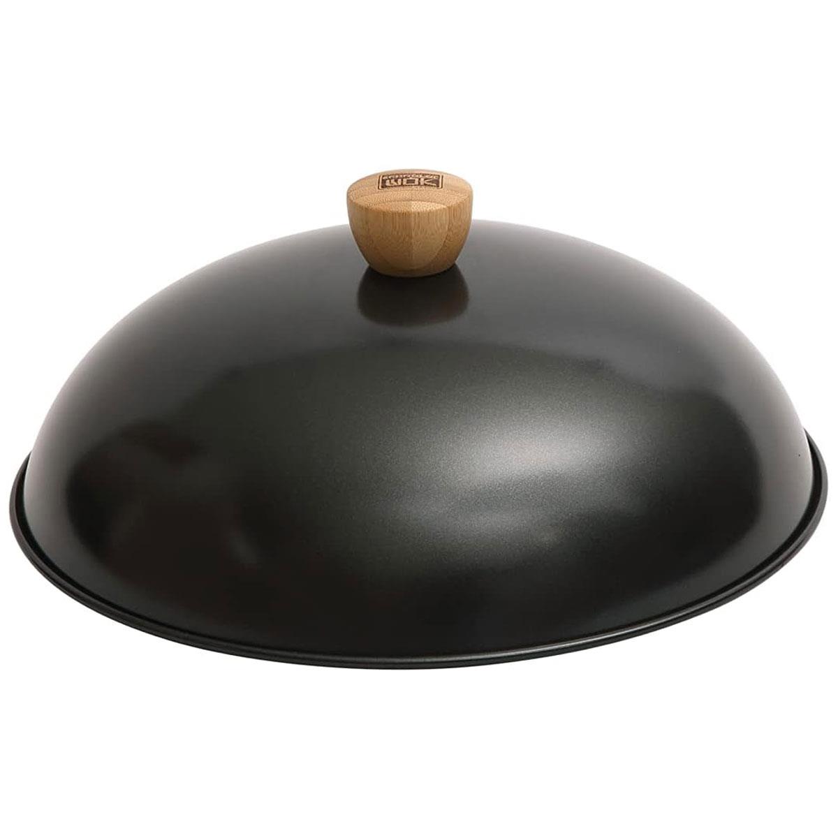 School of Wok Carbon Steel Wok Lid 12"/30cm with Bamboo Knob Dome-Shaped black