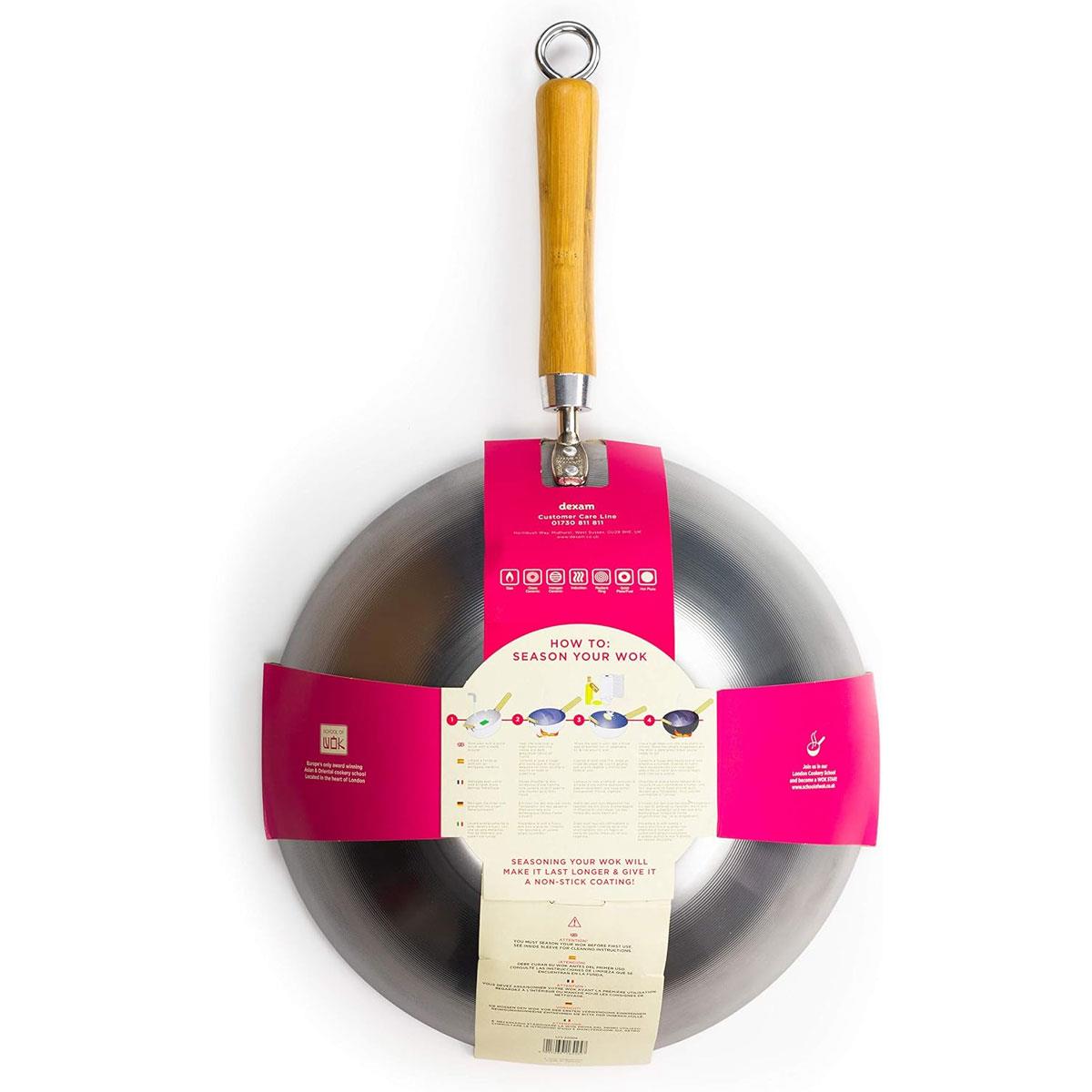 School of Wok 12"/30cm Carbon Steel Wok Flat Bottom Bamboo Handle Silver 3L - Image 3