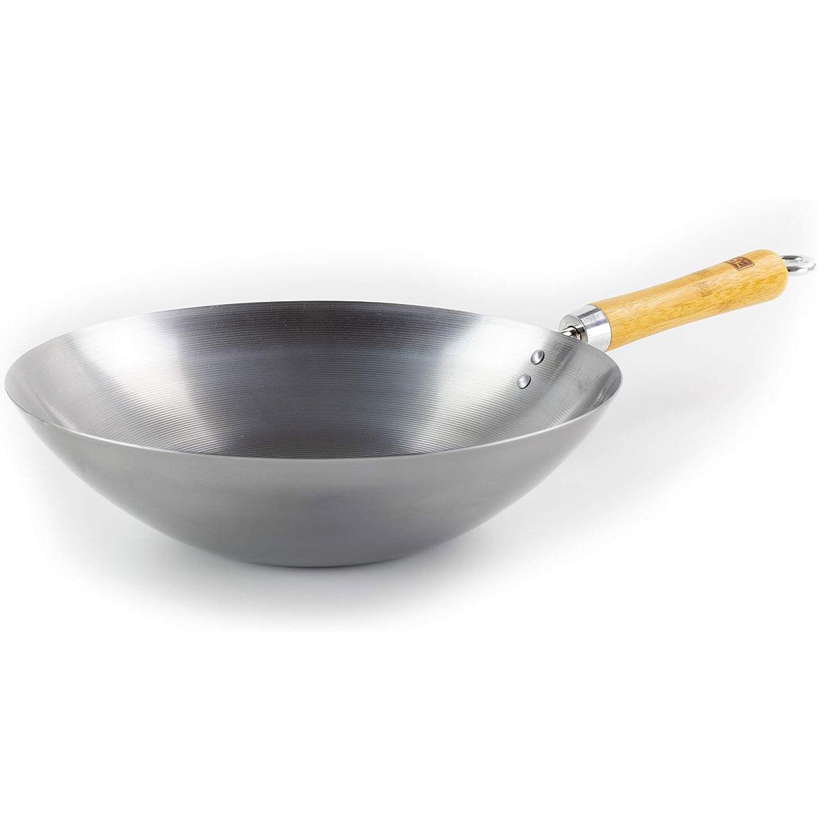School of Wok 12"/30cm Carbon Steel Wok Flat Bottom Bamboo Handle Silver 3L - Image 4