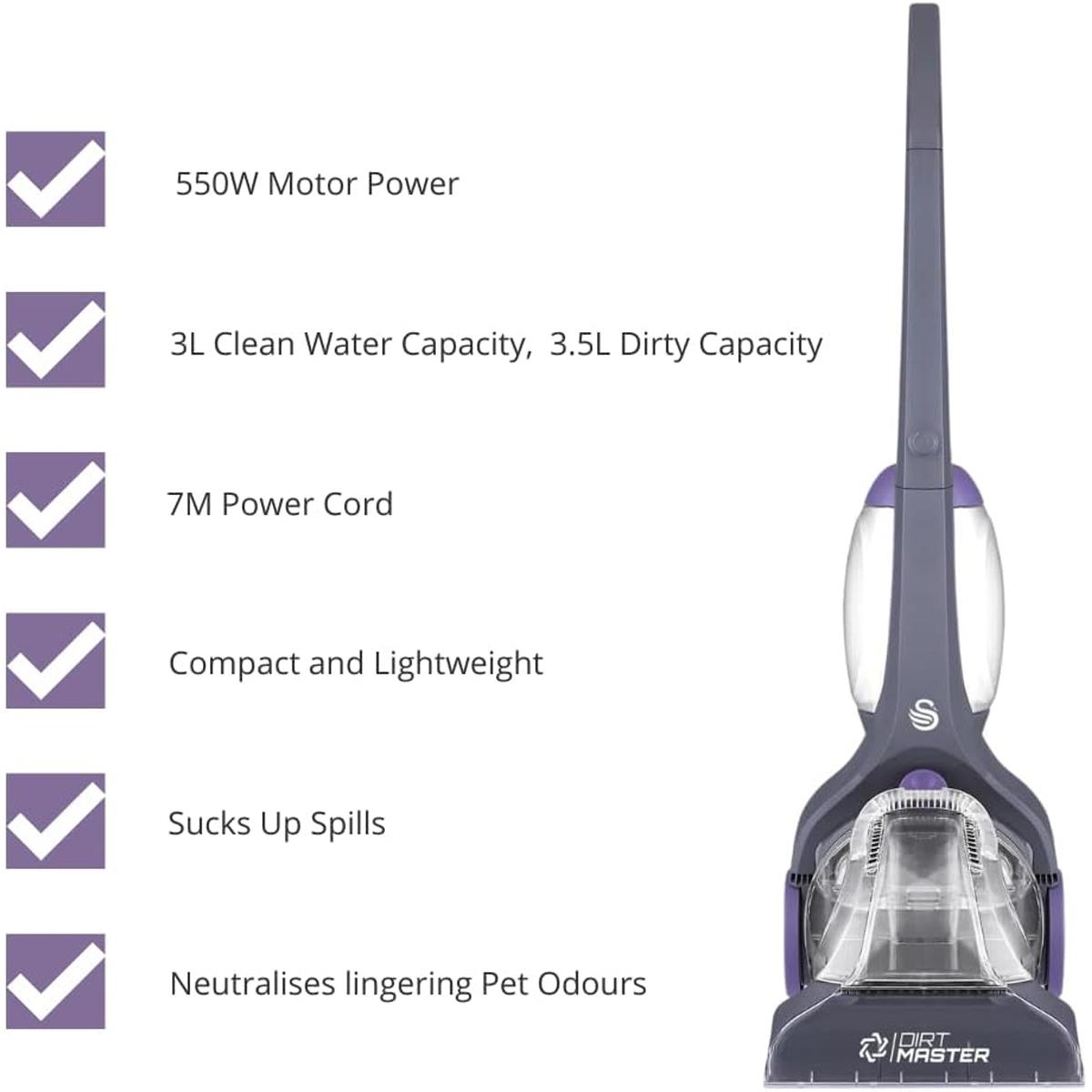 Swan Dirtmaster Carpet Washer 550W Wet Cleaner 3L Clean Tank Black With 250ml Solution - Image 2
