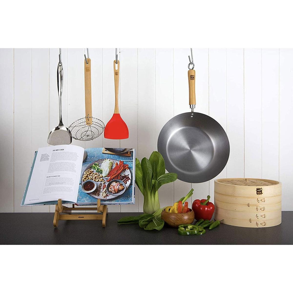 School of Wok 13"/33cm Carbon Steel Round Bottom Wok with Bamboo Handle 3.6L Silver - Image 2