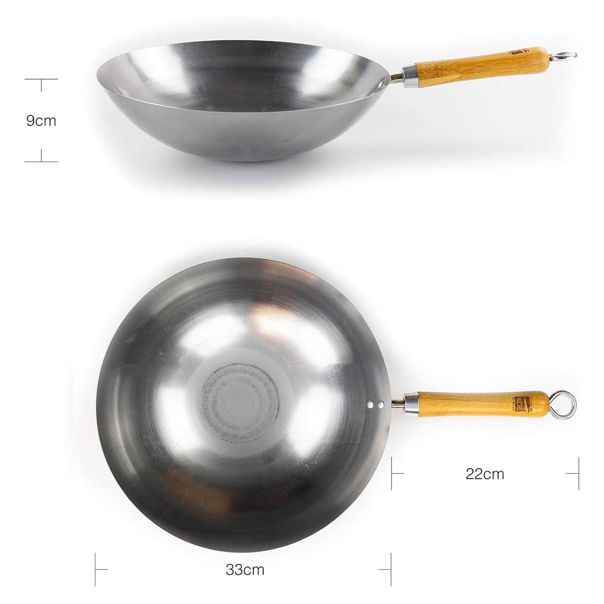 School of Wok 13"/33cm Carbon Steel Round Bottom Wok with Bamboo Handle 3.6L Silver - Image 3