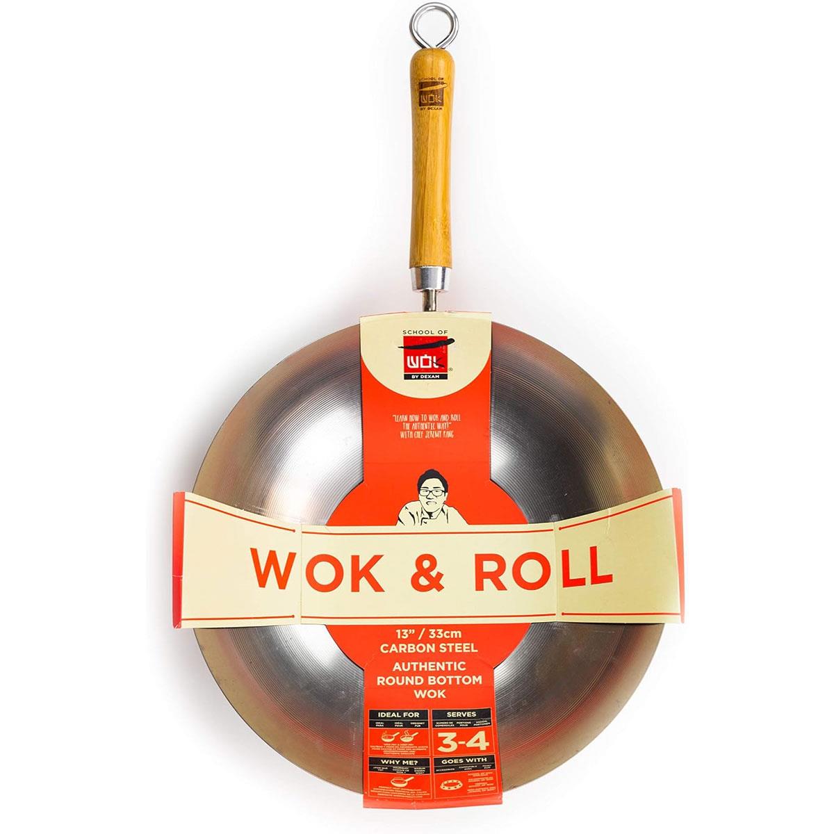 School of Wok 13"/33cm Carbon Steel Round Bottom Wok with Bamboo Handle 3.6L Silver - Image 4