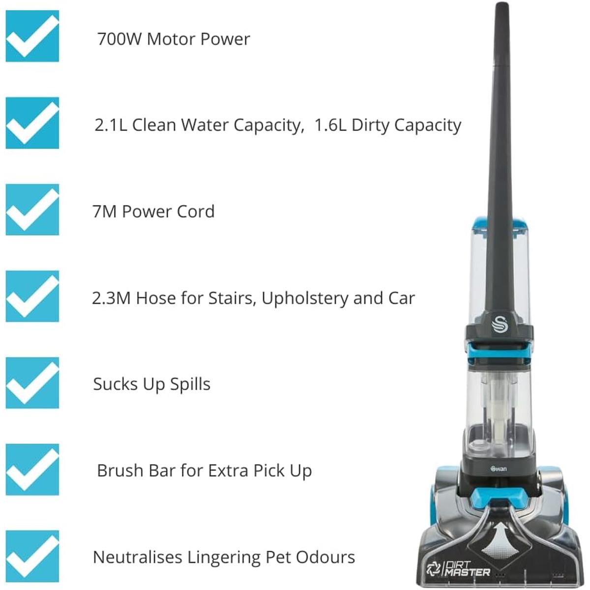 Swan Dirtmaster Pro Carpet Washer 700W 2.1L Clean Tank Black/Blue With Hose And Brush - Image 2