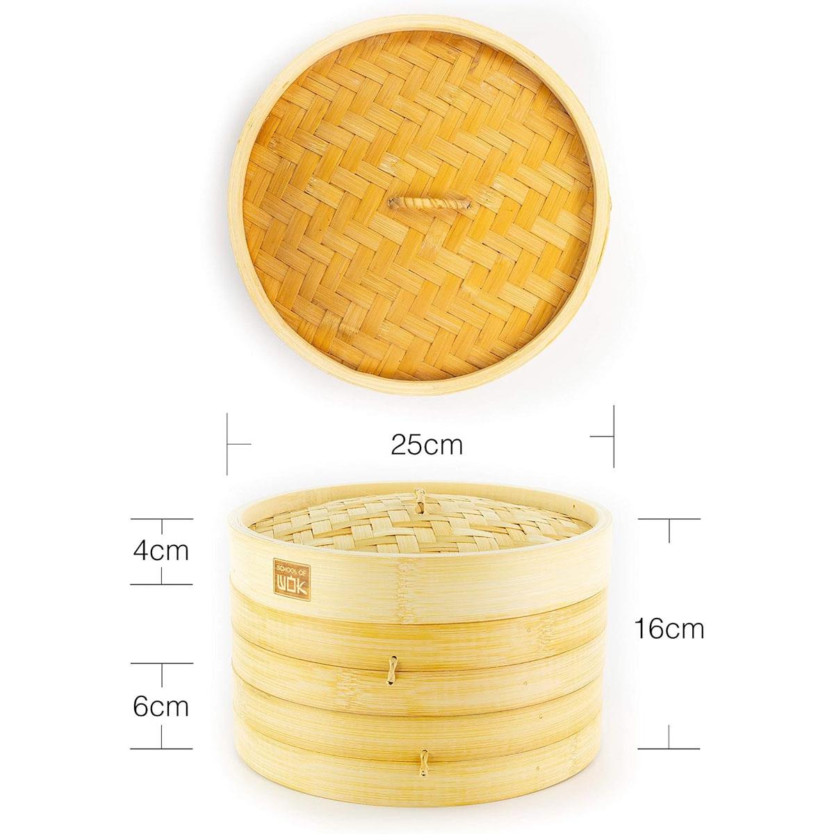 School of Wok 2-Tier Bamboo Steamer Basket 25cm Natural Bamboo 2.5L - Image 3