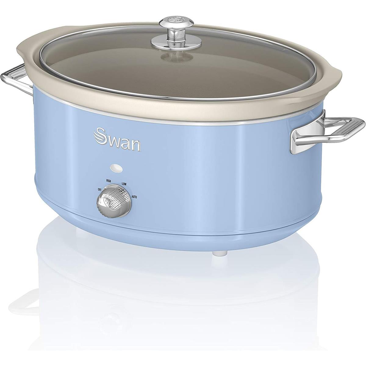 Swan Retro Slow Cooker 6.5L 320W Blue Ceramic Pot 3 Settings Keep Warm Dishwasher Safe