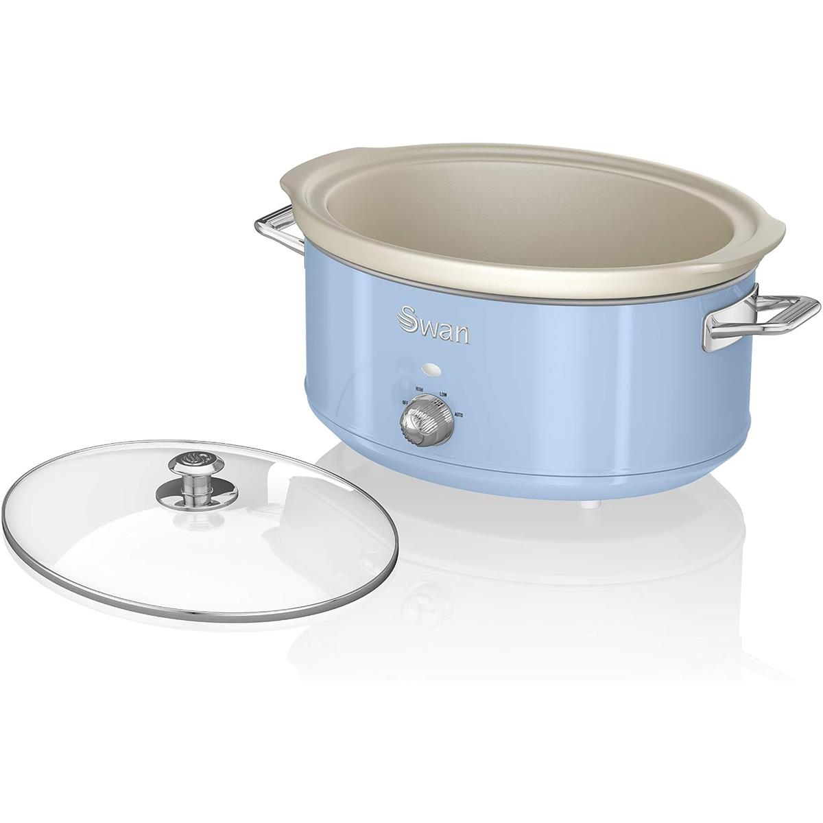 Swan Retro Slow Cooker 6.5L 320W Blue Ceramic Pot 3 Settings Keep Warm Dishwasher Safe - Image 6