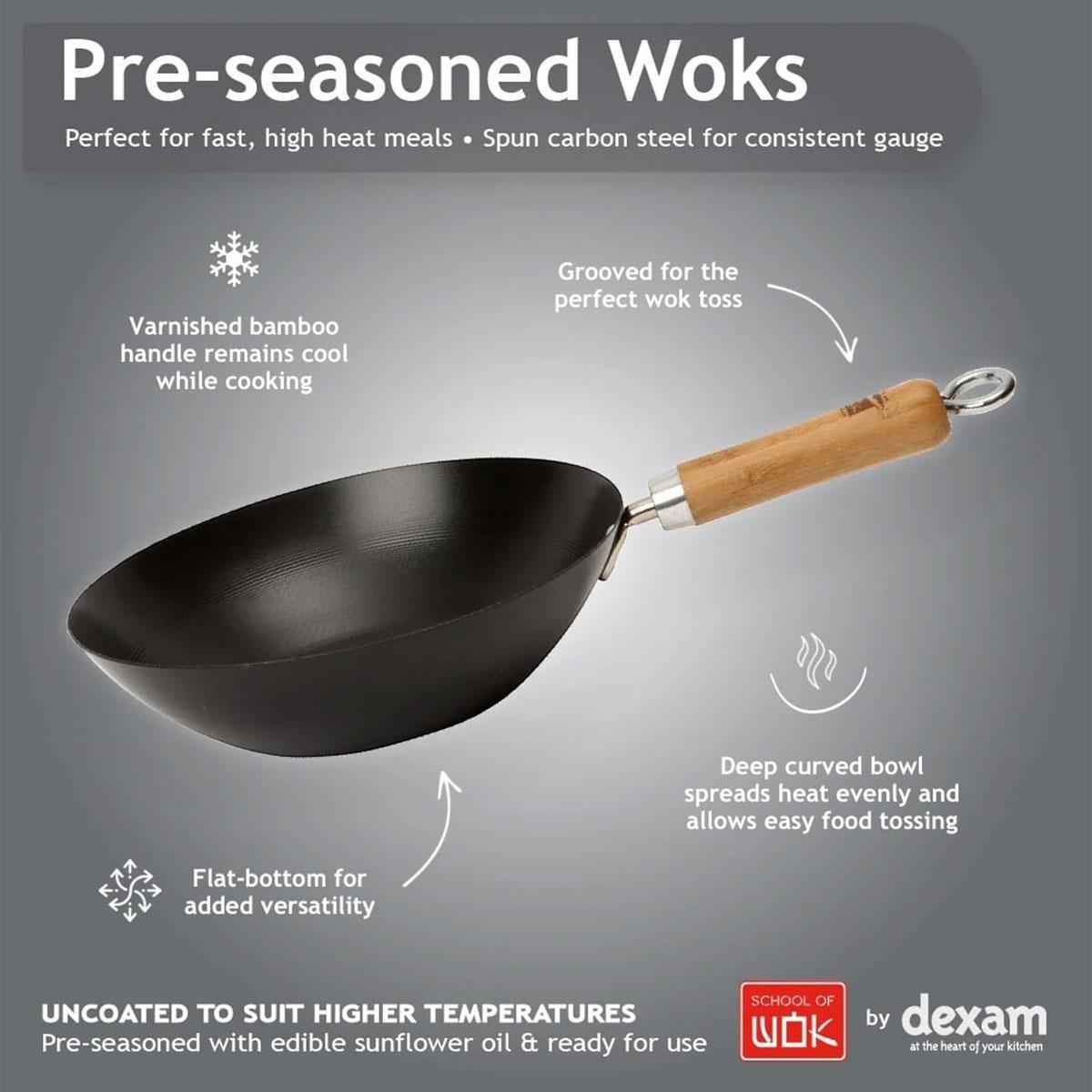 School of Wok Carbon Steel Wok Pre-Seasoned Flat Base 40.5cm with Bamboo Handles 5L - Image 2