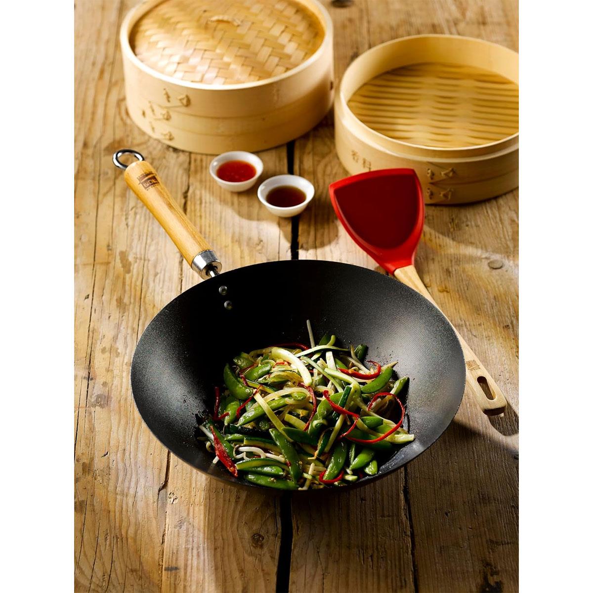 School of Wok Carbon Steel Wok Pre-Seasoned Flat Base 40.5cm with Bamboo Handles 5L - Image 3