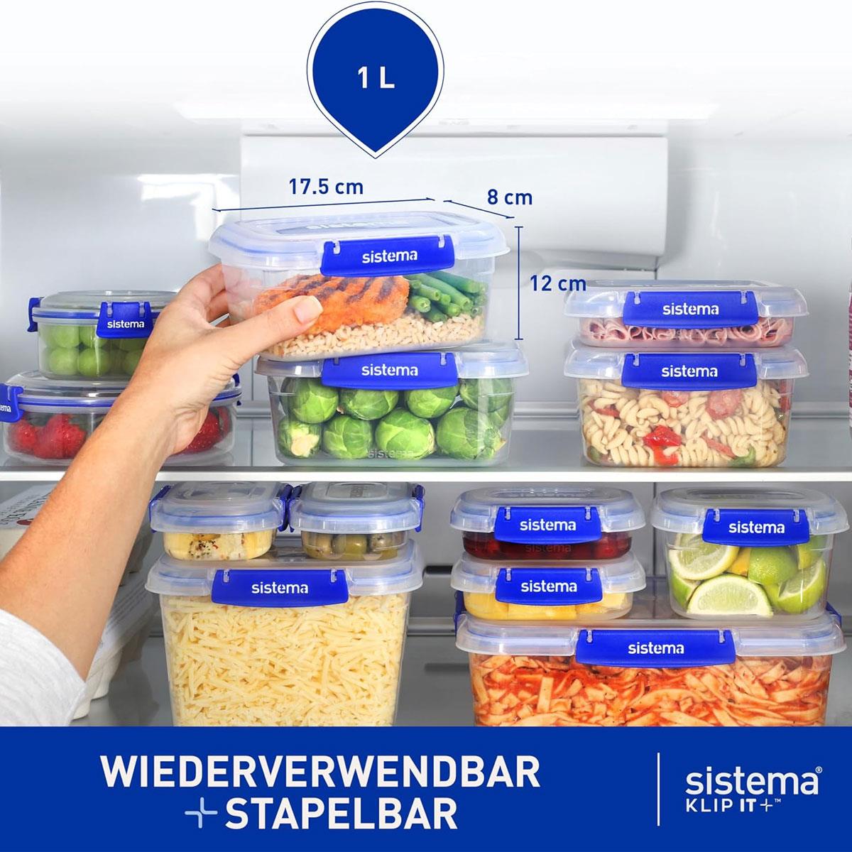 Sistema KLIP IT PLUS Rectangular Food Storage Containers 1L Leakproof Stackable BPA-Free Clear Plastic 3 Pack - Image 4