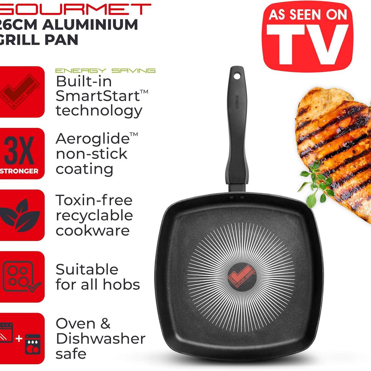 Tower SmartStart Gourmet 26cm Aluminium Grill Pan Aeroglide Non-Stick Induction Compatible Oven Safe Black - Image 3