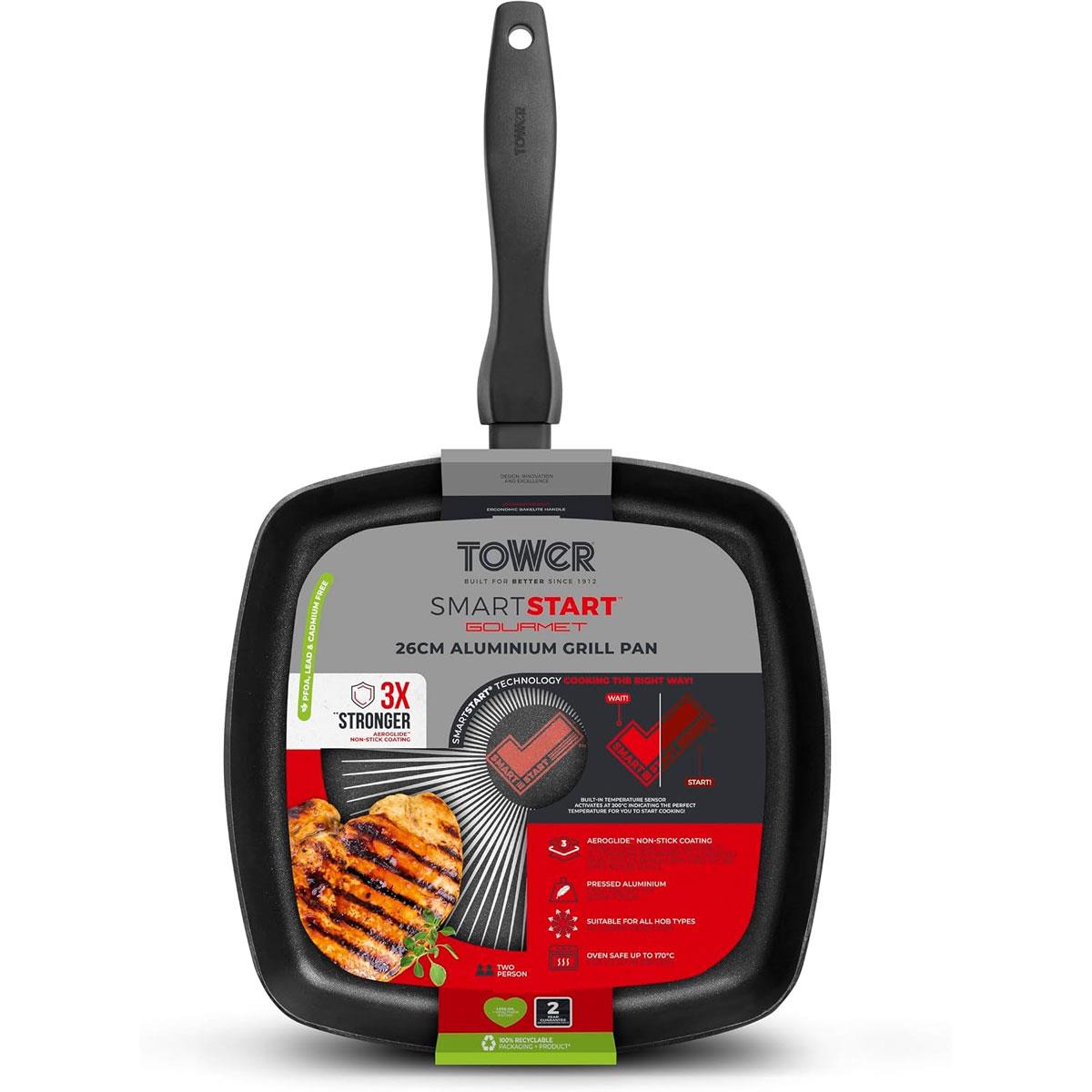 Tower SmartStart Gourmet 26cm Aluminium Grill Pan Aeroglide Non-Stick Induction Compatible Oven Safe Black - Image 12