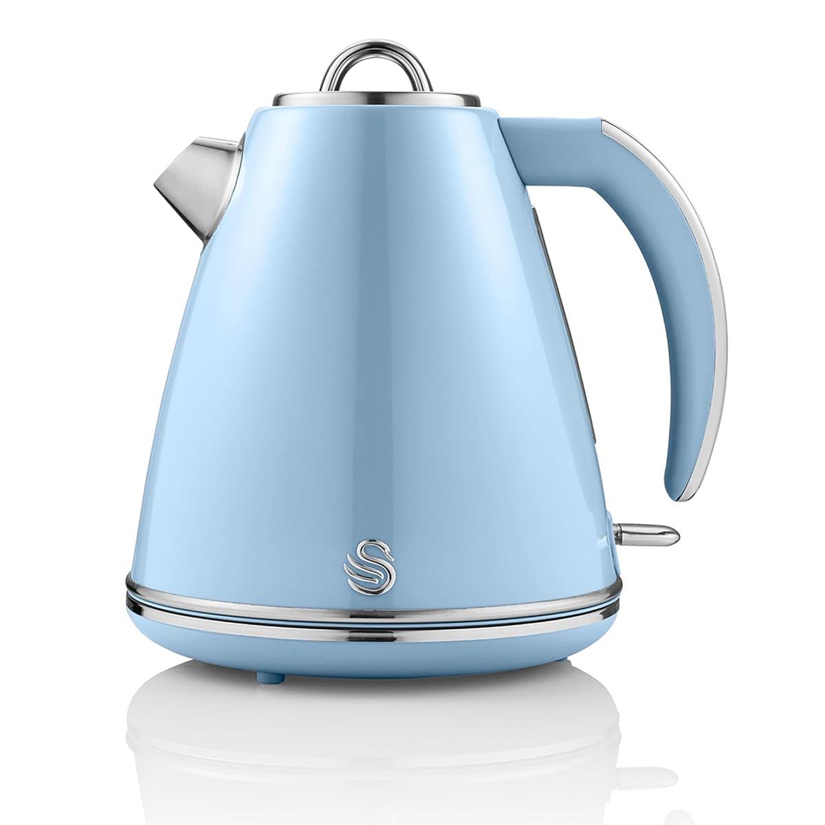 Swan Retro Electric Jug Kettle 1.5L, 3000W Fast Boil, Stainless Steel, 360° Cordless Base Blue