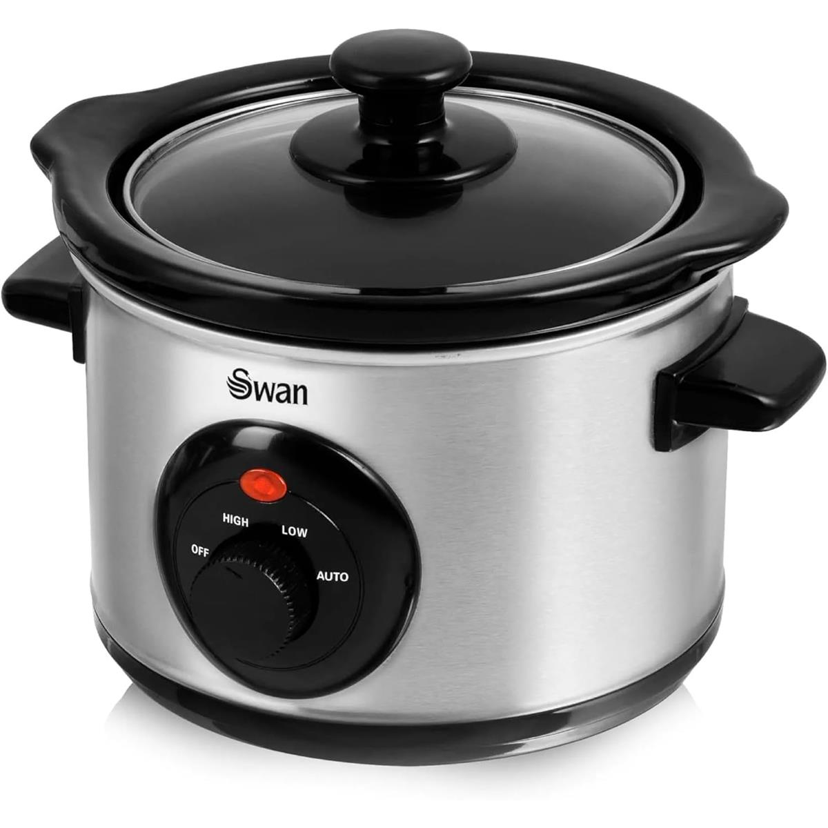 Swan Slow Cooker 1.5L 120W 3 Settings Removable Ceramic Pot Glass Lid Dishwasher Safe Stainless Steel