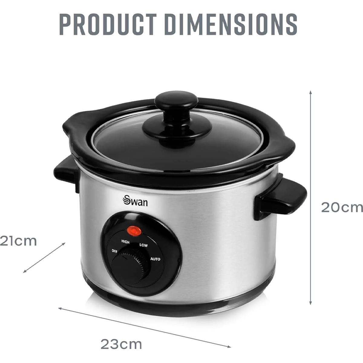 Swan Slow Cooker 1.5L 120W 3 Settings Removable Ceramic Pot Glass Lid Dishwasher Safe Stainless Steel - Image 2