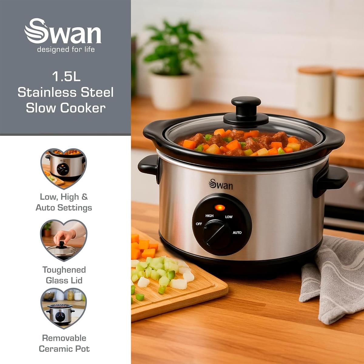 Swan Slow Cooker 1.5L 120W 3 Settings Removable Ceramic Pot Glass Lid Dishwasher Safe Stainless Steel - Image 3