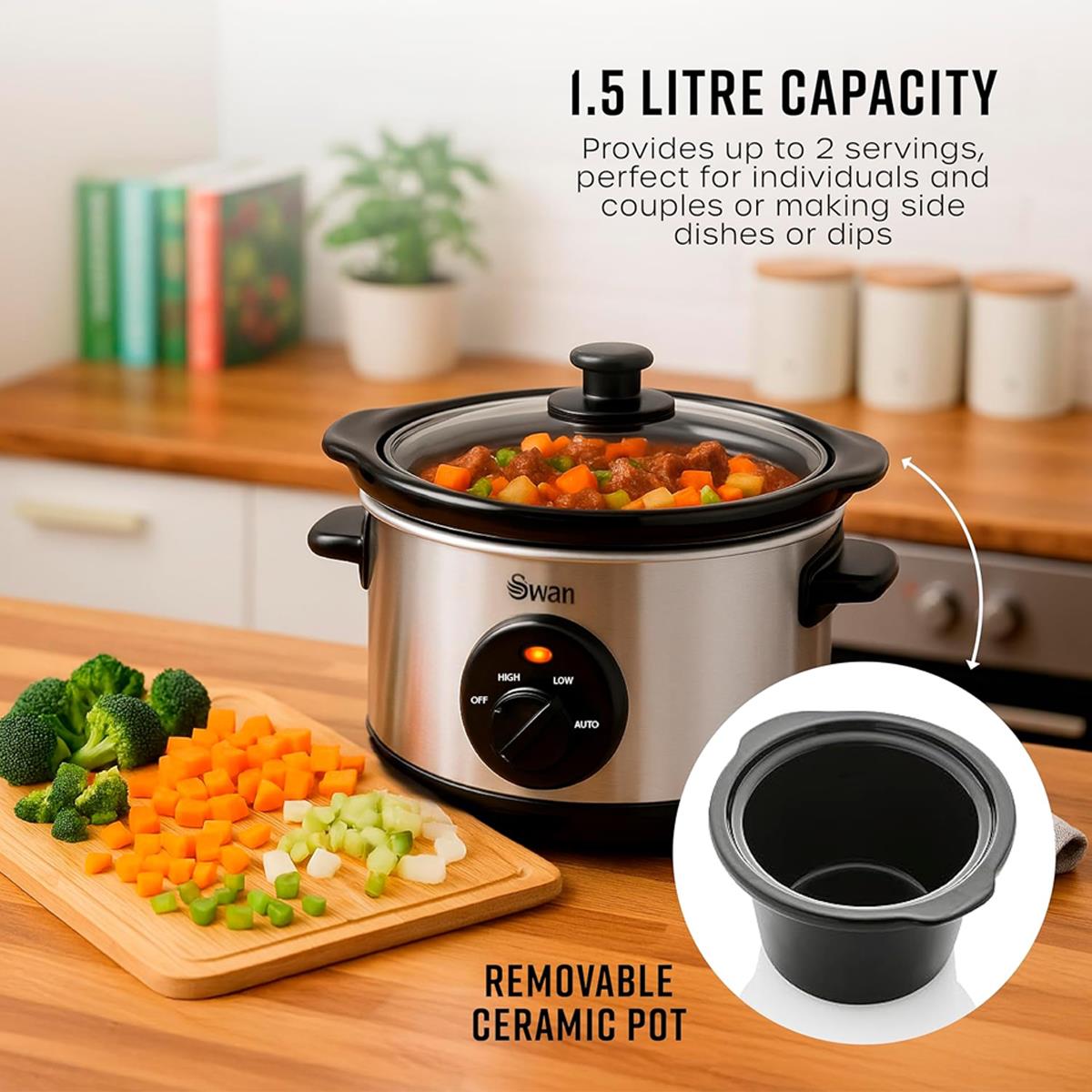Swan Slow Cooker 1.5L 120W 3 Settings Removable Ceramic Pot Glass Lid Dishwasher Safe Stainless Steel - Image 4