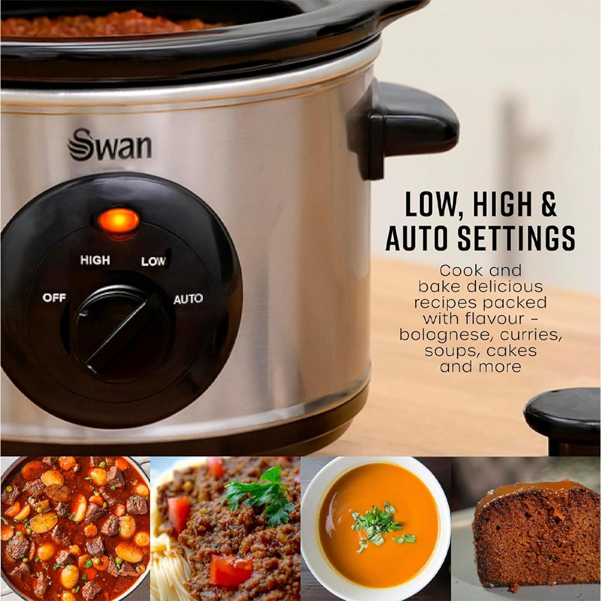 Swan Slow Cooker 1.5L 120W 3 Settings Removable Ceramic Pot Glass Lid Dishwasher Safe Stainless Steel - Image 5