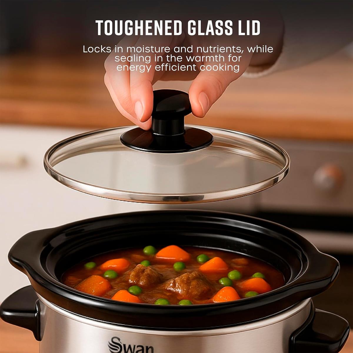Swan Slow Cooker 1.5L 120W 3 Settings Removable Ceramic Pot Glass Lid Dishwasher Safe Stainless Steel - Image 6