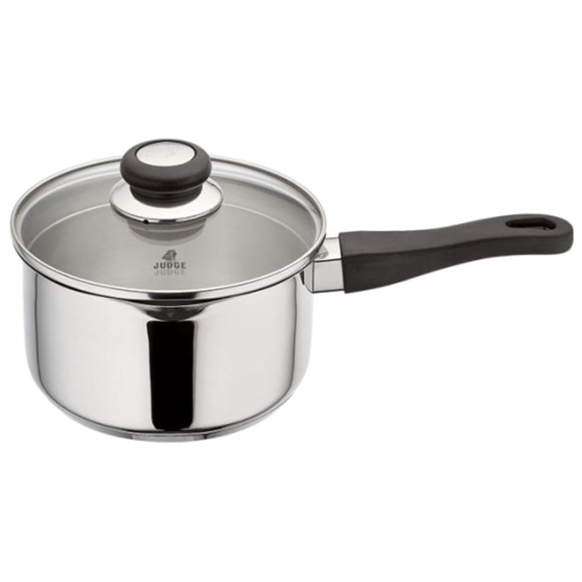 Judge Vista Draining Stainless Steel Large Saucepan with Pouring Lip 18cm 2.1L Shatterproof Glass Strain & Pour Lid Induction Ready Oven Safe