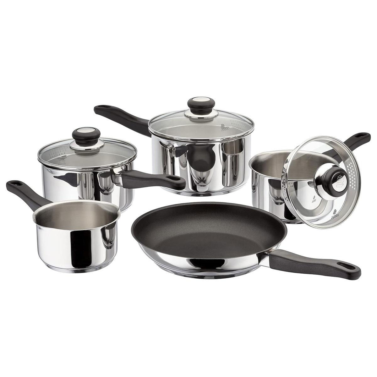 Judge Vista 5 Piece Stainless Steel Cookware Set 14cm Milk Pan 16/18/20cm Saucepans & 26cm Frying Pan Induction Ready