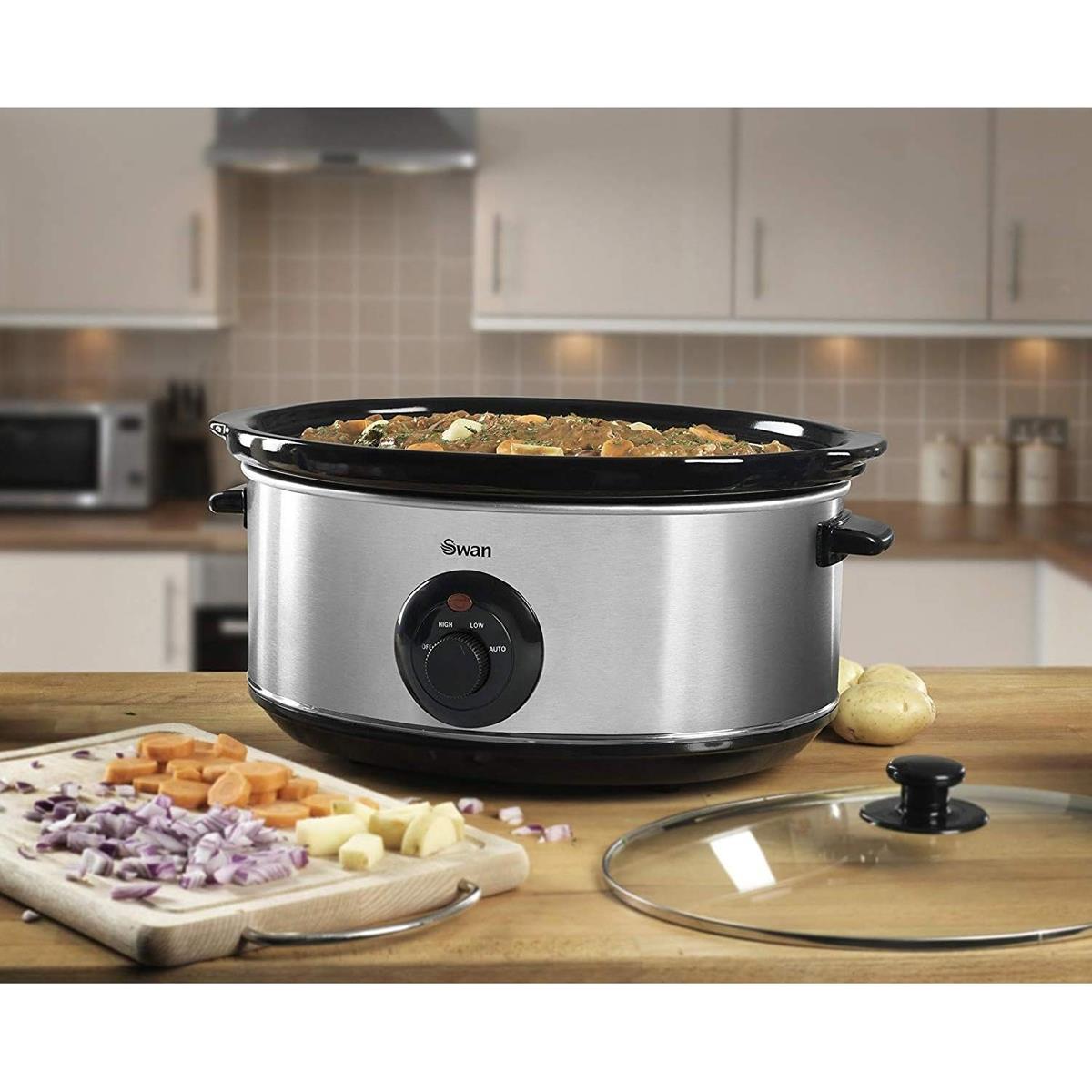 Swan Slow Cooker 6.5L 320W Stainless Steel Ceramic Inner Pot Glass Lid 3 Heat Settings Keep Warm Silver - Image 5