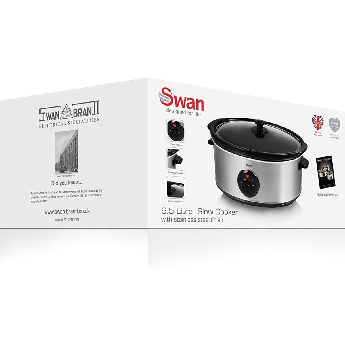Swan Slow Cooker 6.5L 320W Stainless Steel Ceramic Inner Pot Glass Lid 3 Heat Settings Keep Warm Silver - Image 6
