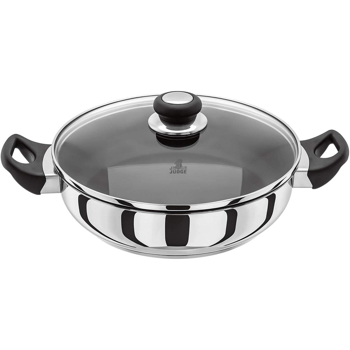 Judge Vista 28cm Stainless Steel Non-Stick Shallow Casserole Pan 3L Excalibur Coating Glass Lid Induction Ready Oven Safe