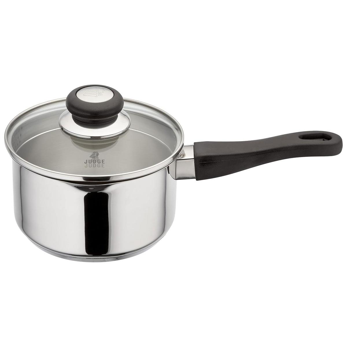 Judge Vista 16cm Stainless Steel Draining Saucepan 1.5L Straining Glass Lid Induction Ready Oven Safe Silver