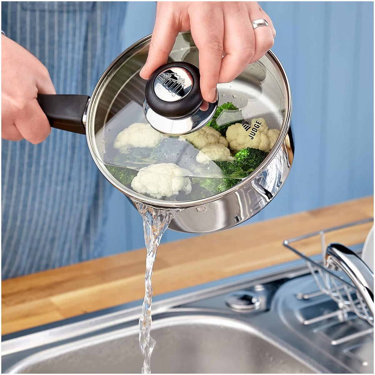 Judge Vista 16cm Stainless Steel Draining Saucepan 1.5L Straining Glass Lid Induction Ready Oven Safe Silver - Image 2