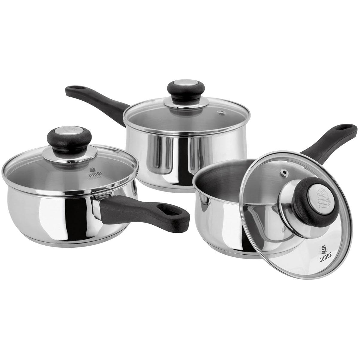 Judge Vista Stainless Steel Saucepan Set 14cm 16cm 18cm with Vented Glass Lids Induction Ready Oven Safe
