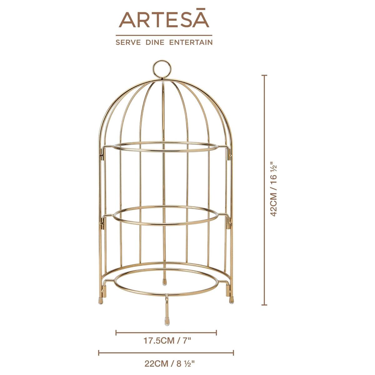Artesa 3 Tier Afternoon Tea Cake Bird Cage Stand Gold Metal Brushed Finish 22 x 42cm - Image 2