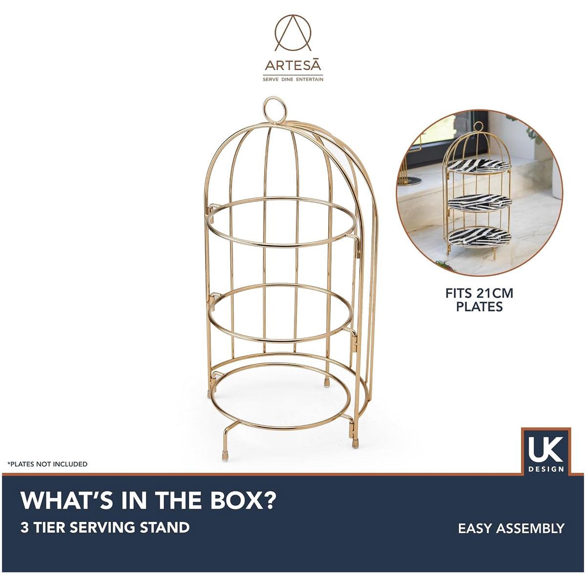 Artesa 3 Tier Afternoon Tea Cake Bird Cage Stand Gold Metal Brushed Finish 22 x 42cm - Image 3