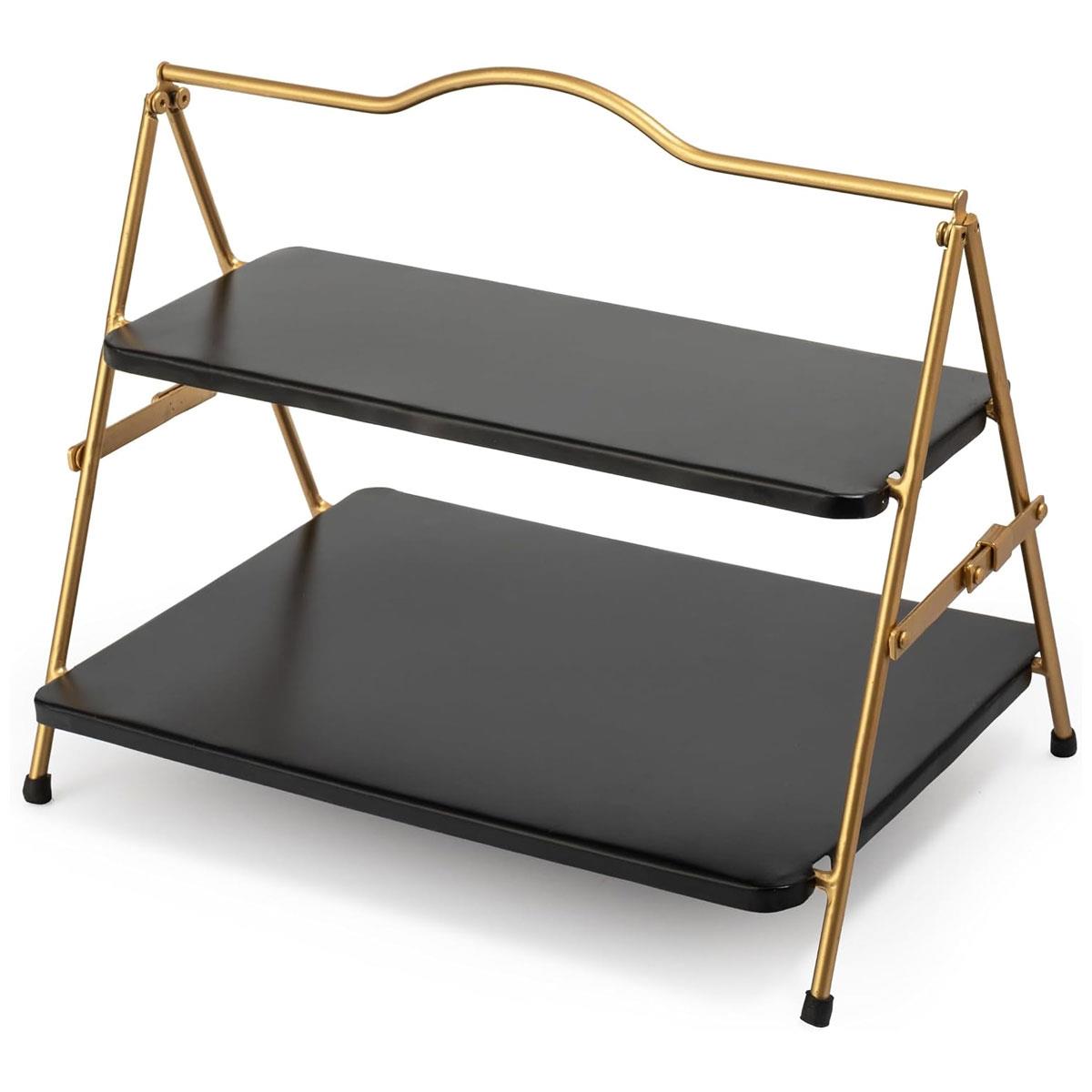 Artesa 2 Tier Metal Serving Stand Foldable Food-Safe Rack Gold Frame Black Trays 39.3 x 26cm