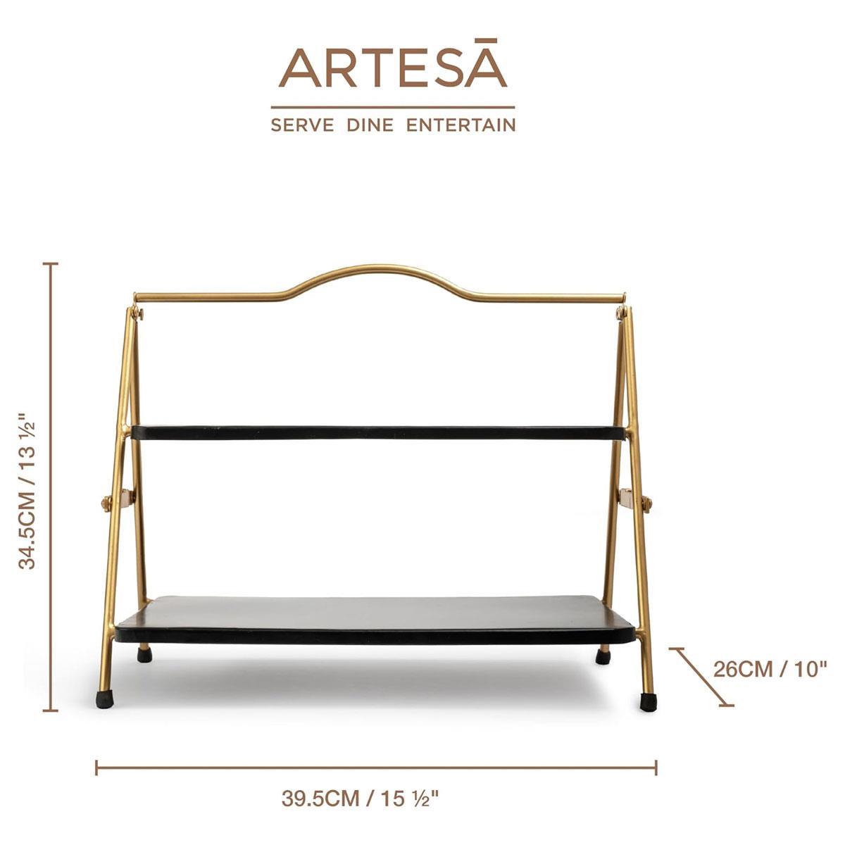 Artesa 2 Tier Metal Serving Stand Foldable Food-Safe Rack Gold Frame Black Trays 39.3 x 26cm - Image 2