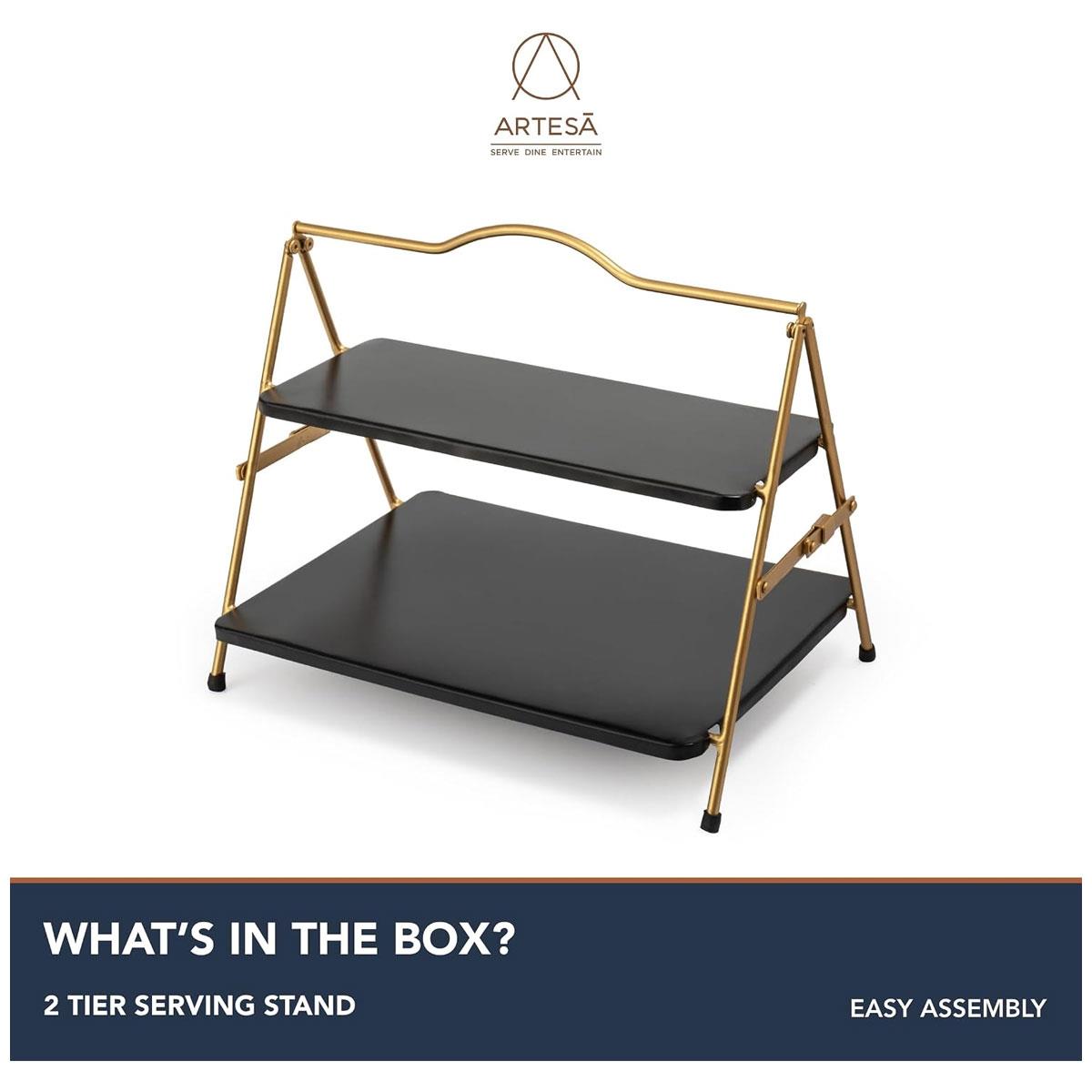 Artesa 2 Tier Metal Serving Stand Foldable Food-Safe Rack Gold Frame Black Trays 39.3 x 26cm - Image 3