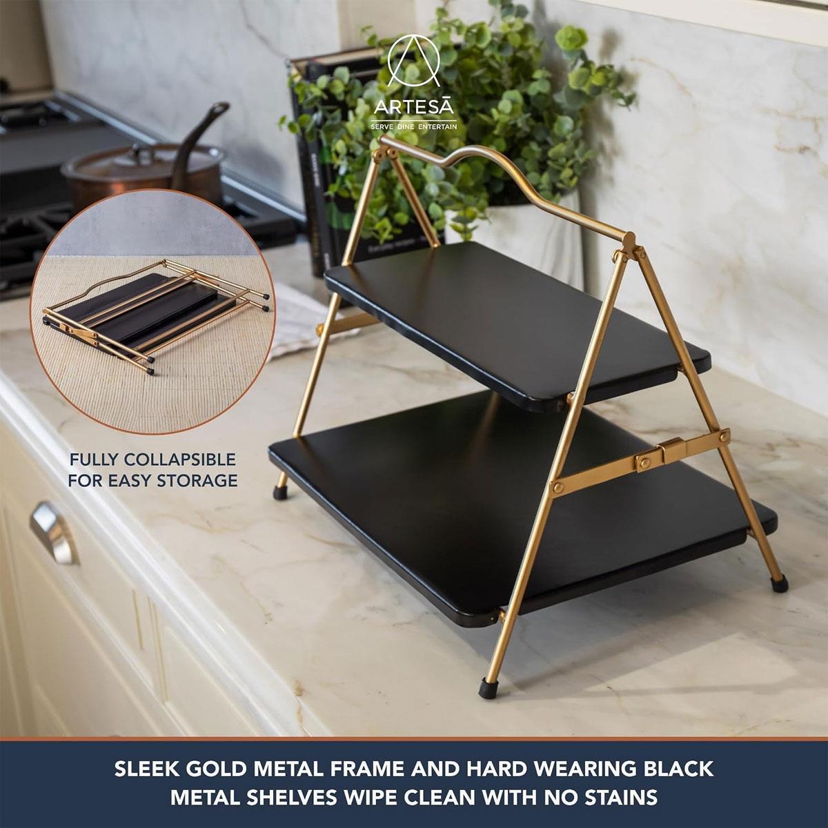 Artesa 2 Tier Metal Serving Stand Foldable Food-Safe Rack Gold Frame Black Trays 39.3 x 26cm - Image 4