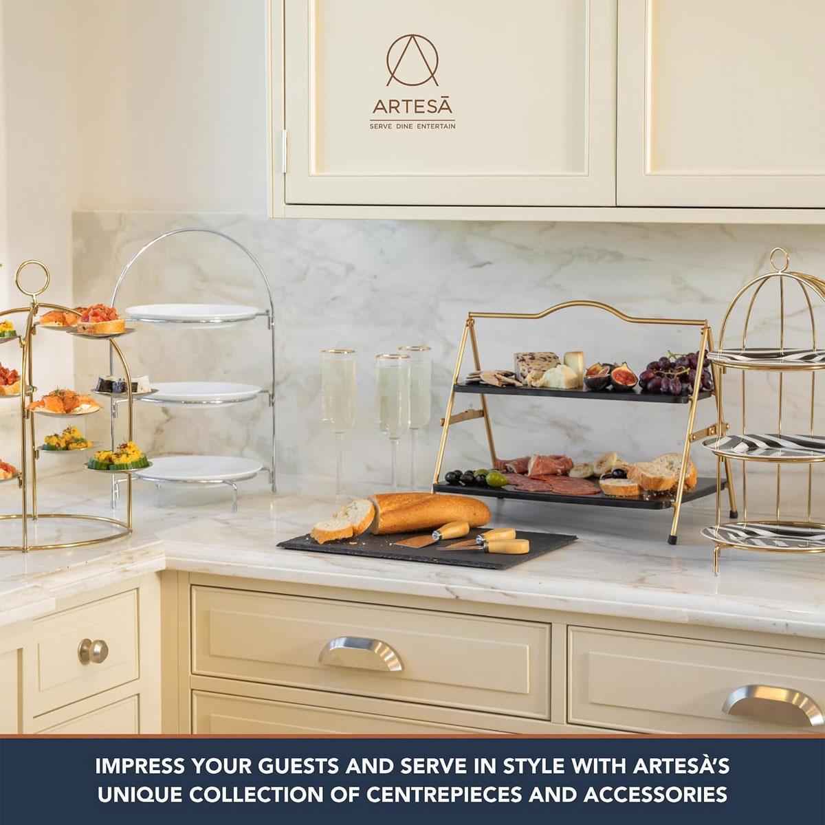 Artesa 2 Tier Metal Serving Stand Foldable Food-Safe Rack Gold Frame Black Trays 39.3 x 26cm - Image 5
