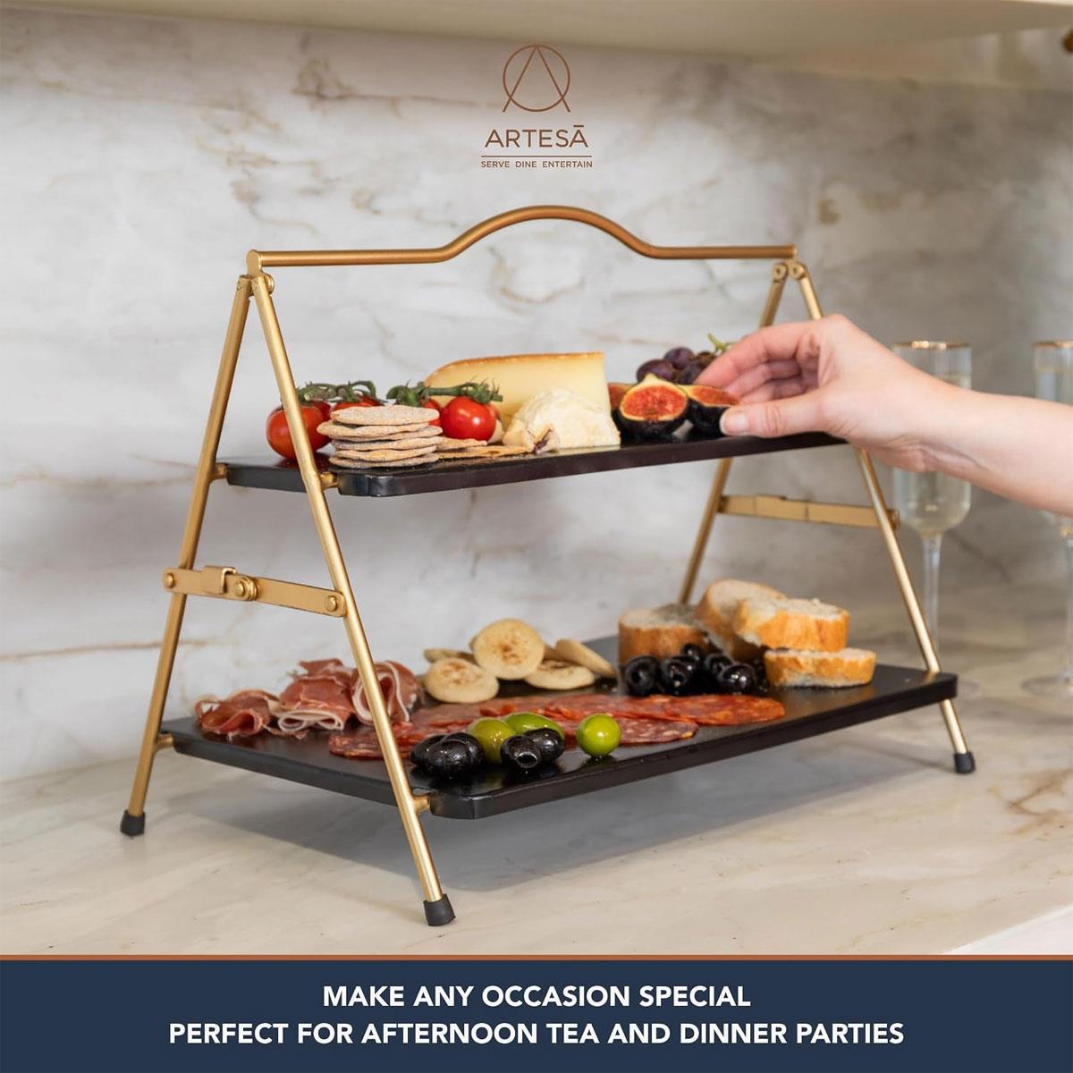 Artesa 2 Tier Metal Serving Stand Foldable Food-Safe Rack Gold Frame Black Trays 39.3 x 26cm - Image 6