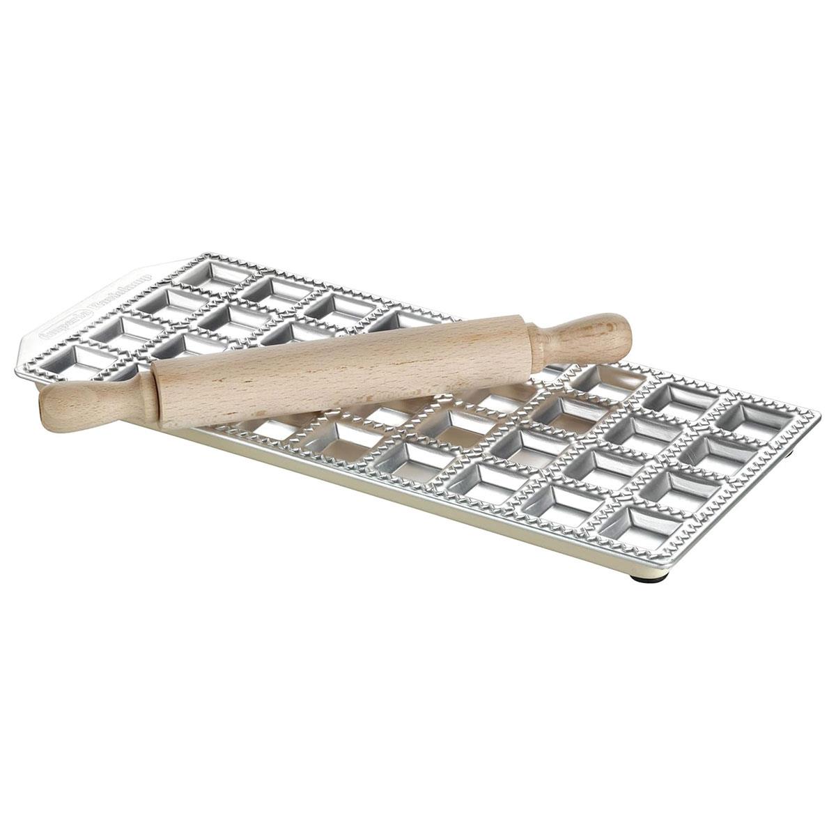 Imperia 36-Hole Ravioli Maker Tray with Wooden Rolling Pin Silver 34 x 34 mm Ravioli