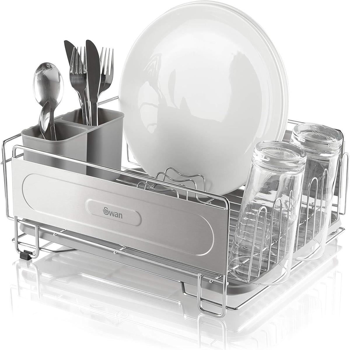 Swan Dish Drainer Rack Chrome Metal 12-Plate Capacity 2 Detachable Utensil Holders 6 Mug Holders Drip Tray Rust Resistant