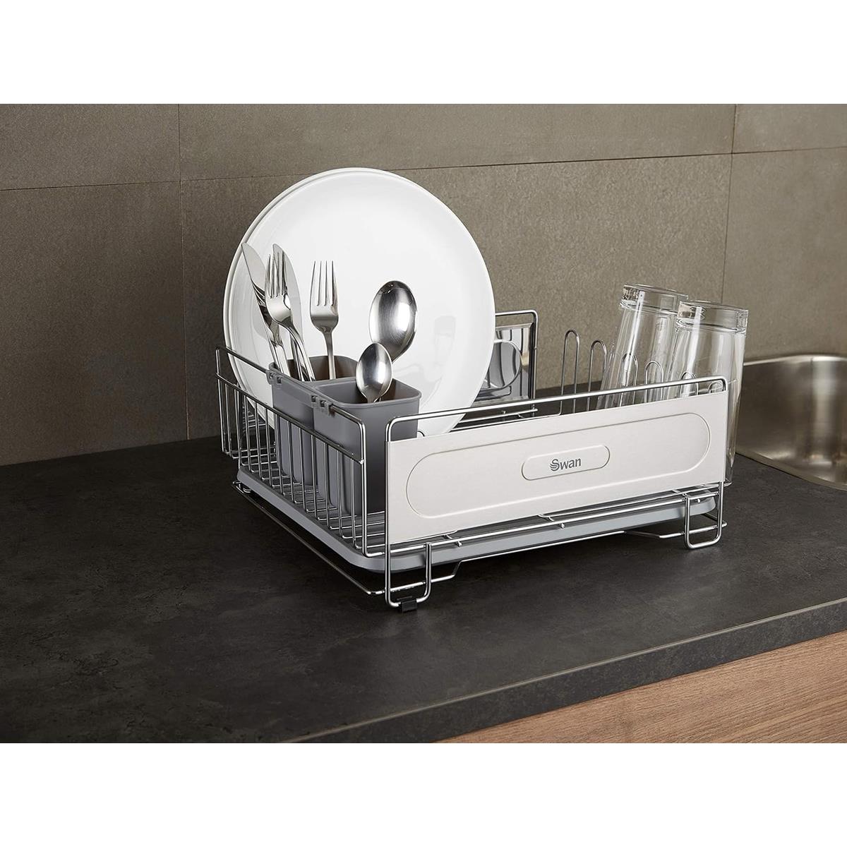 Swan Dish Drainer Rack Chrome Metal 12-Plate Capacity 2 Detachable Utensil Holders 6 Mug Holders Drip Tray Rust Resistant - Image 2