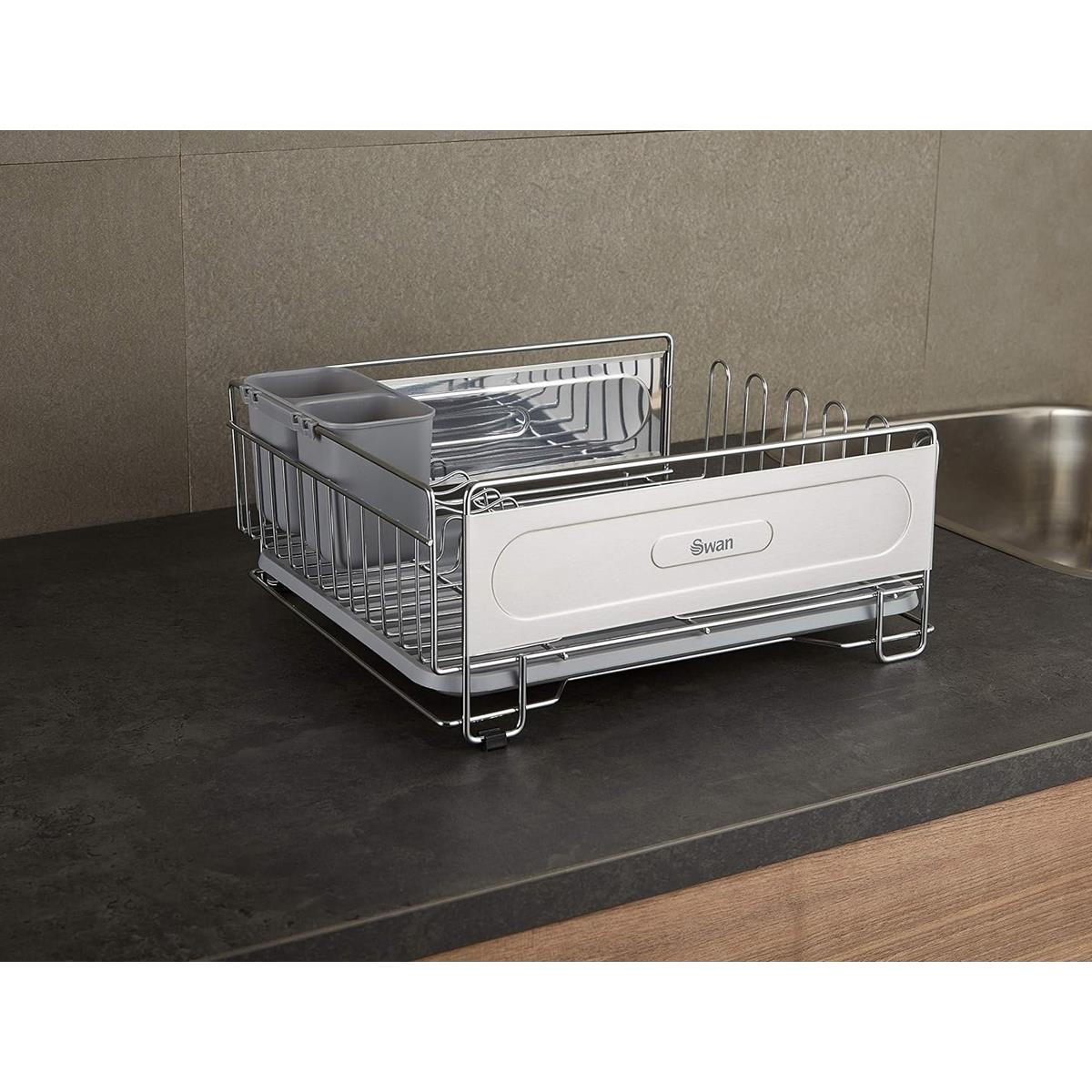 Swan Dish Drainer Rack Chrome Metal 12-Plate Capacity 2 Detachable Utensil Holders 6 Mug Holders Drip Tray Rust Resistant - Image 3