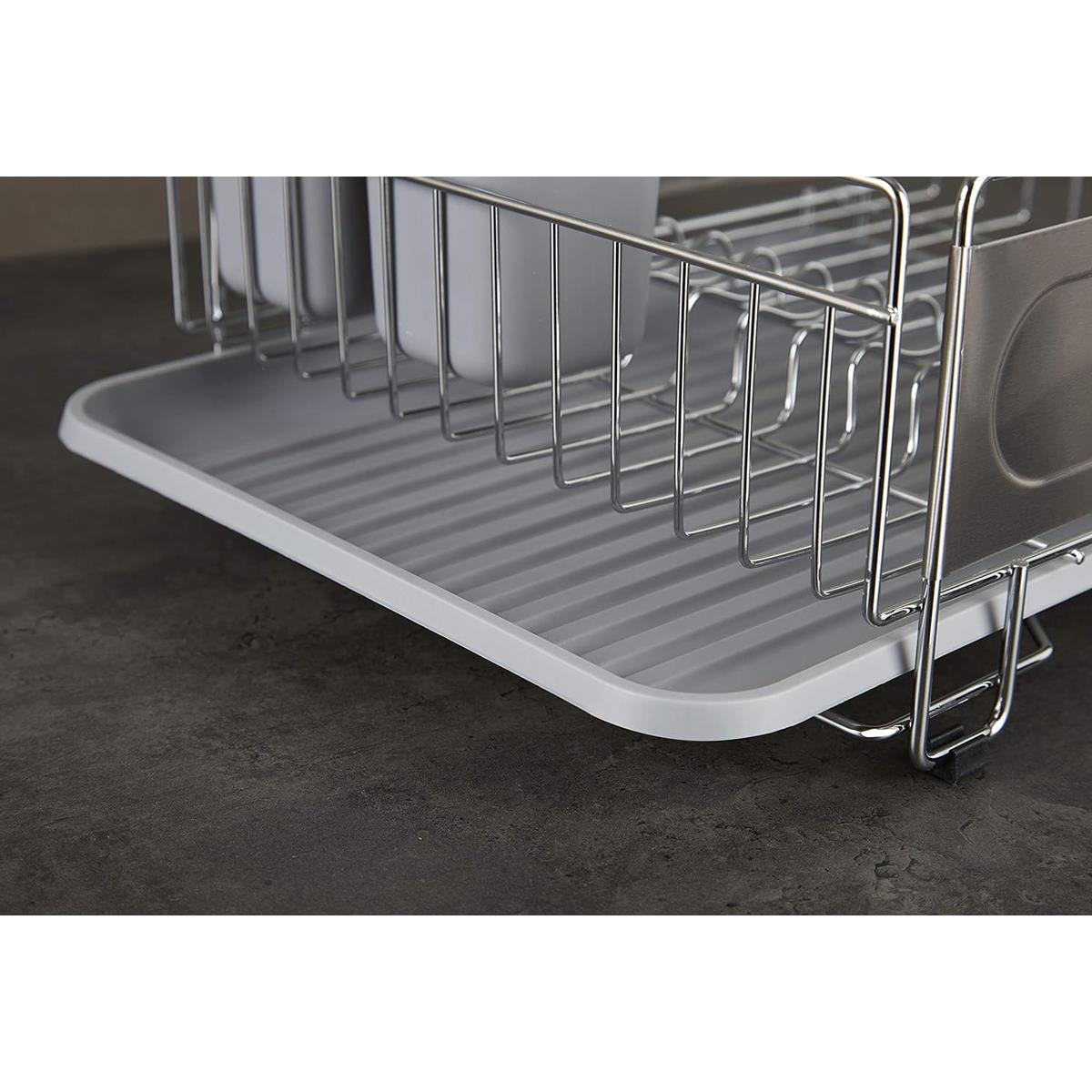 Swan Dish Drainer Rack Chrome Metal 12-Plate Capacity 2 Detachable Utensil Holders 6 Mug Holders Drip Tray Rust Resistant - Image 5