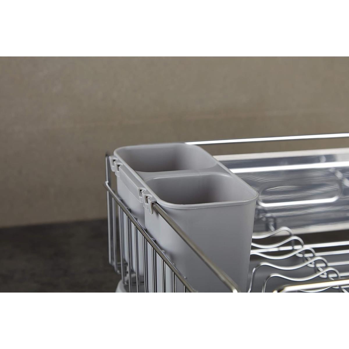 Swan Dish Drainer Rack Chrome Metal 12-Plate Capacity 2 Detachable Utensil Holders 6 Mug Holders Drip Tray Rust Resistant - Image 6