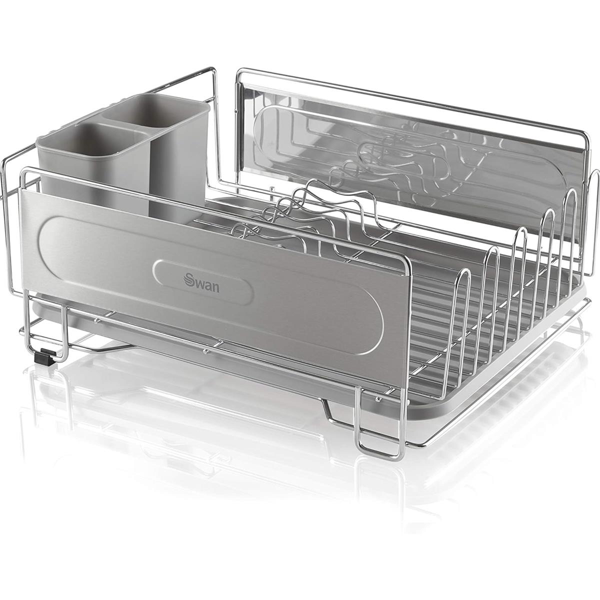 Swan Dish Drainer Rack Chrome Metal 12-Plate Capacity 2 Detachable Utensil Holders 6 Mug Holders Drip Tray Rust Resistant - Image 7