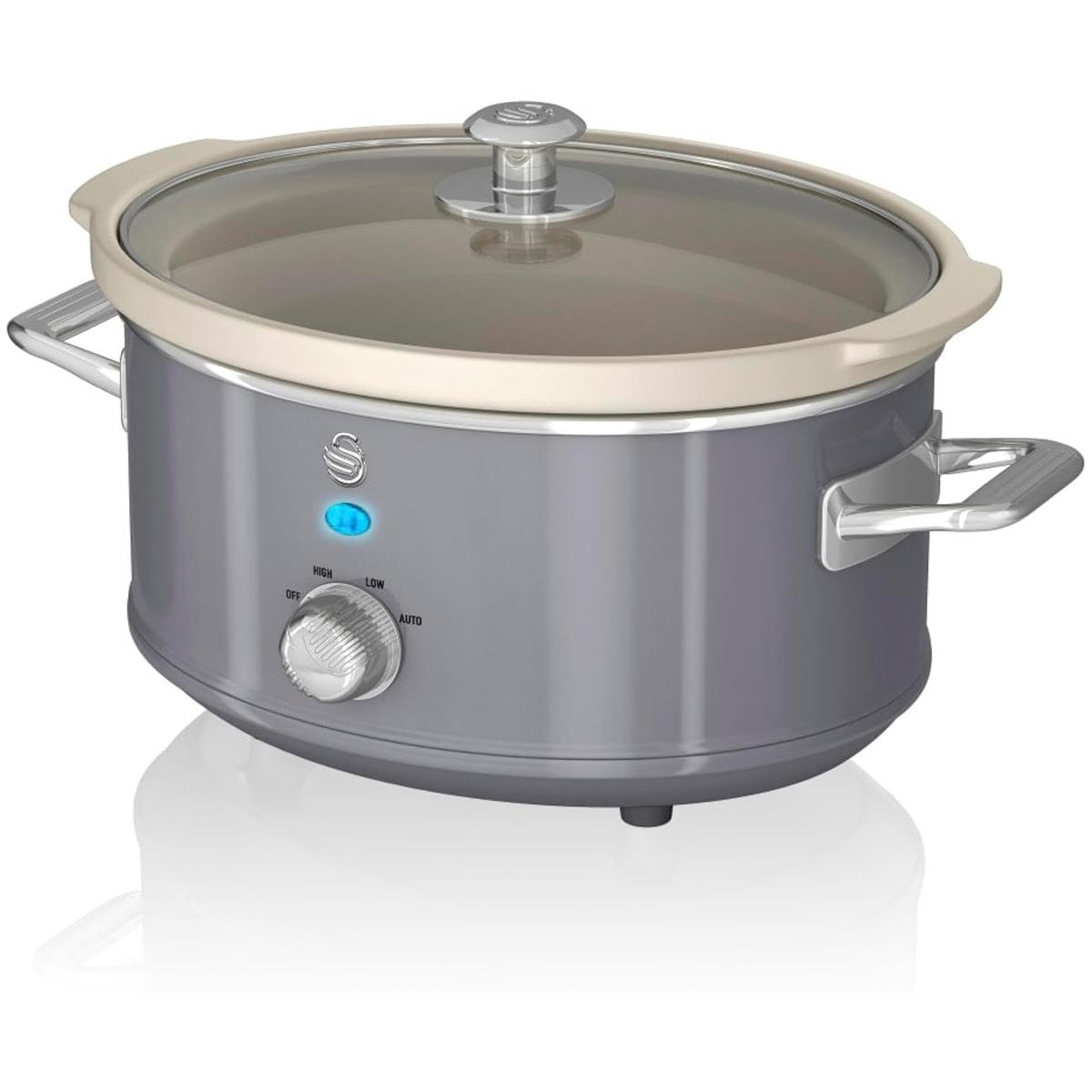 Swan Retro Slow Cooker 3.5L 200W With 3 Heat Settings Keep Warm Removable Ceramic Pot Grey